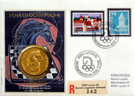 Schacholympiade 1982, NUMIS-Brief, vergoldete Silbermedaille